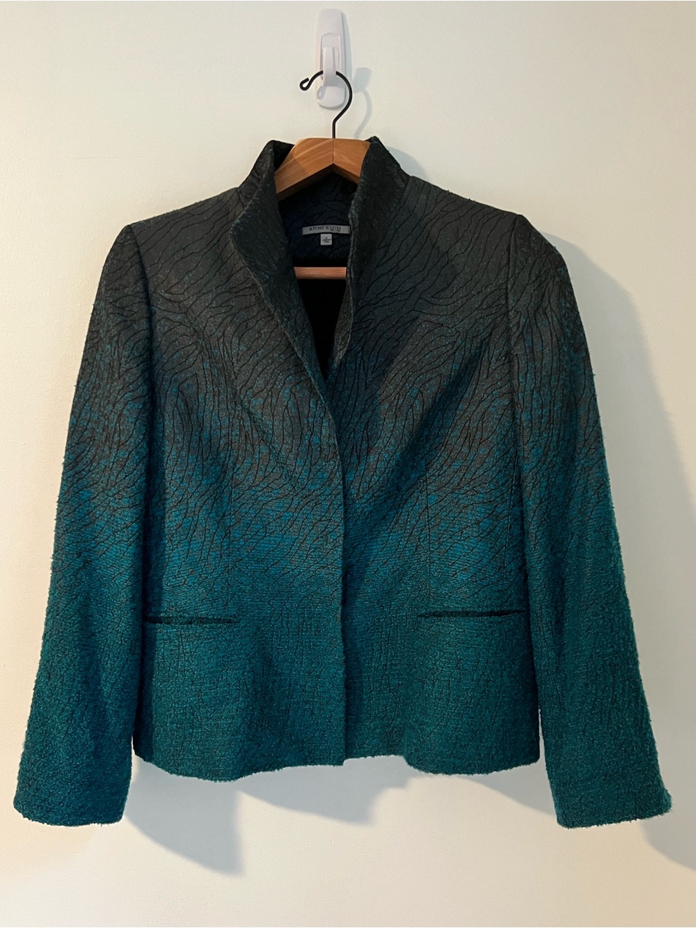 Anne Klein Blazer Womens 12 Teal Black Ombre Textured Jacket Statement
